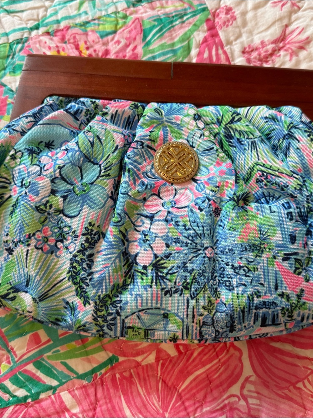 Lilly Pulitzer Floral Pleated Clutch in Aqua, Pink & Green with Gold Accent